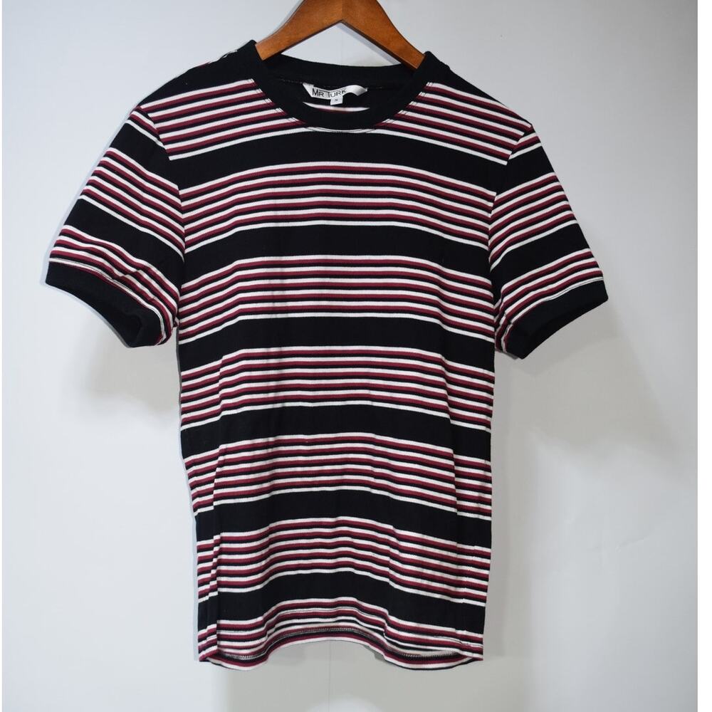 Mr Turk Striped Knit T Shirt Mens Small Black Red White Short Sleeve